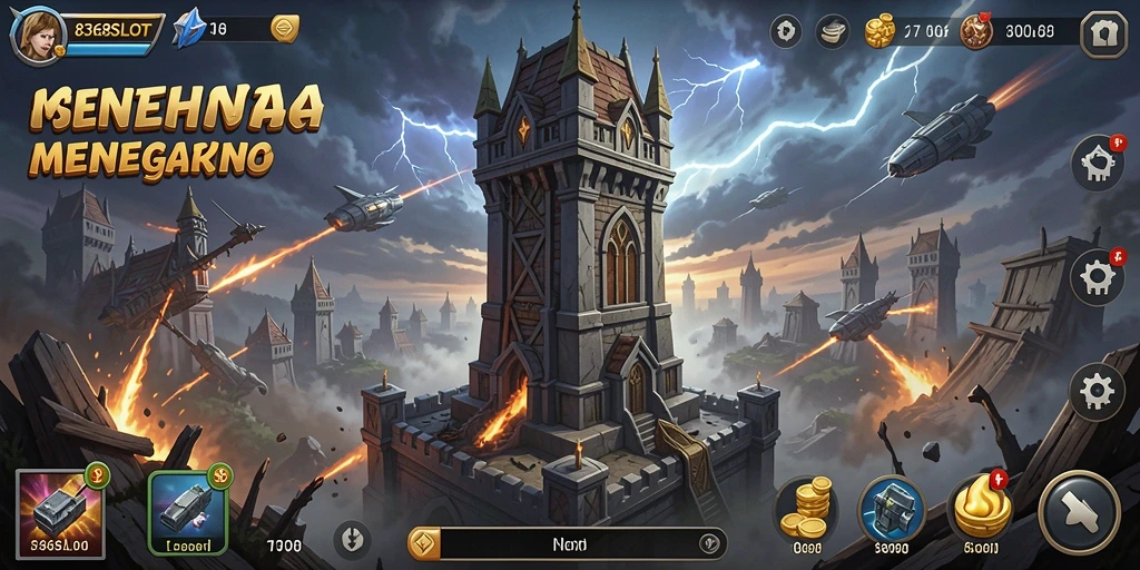Tangkapan layar gameplay menegangkan di 8368SLOT dengan menara dan musuh.