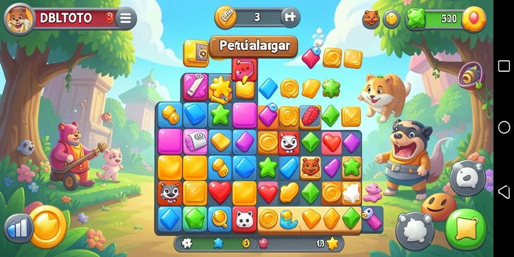 Tampilan gameplay seru di DBLTOTO dengan elemen match-3 yang berwarna-warni.