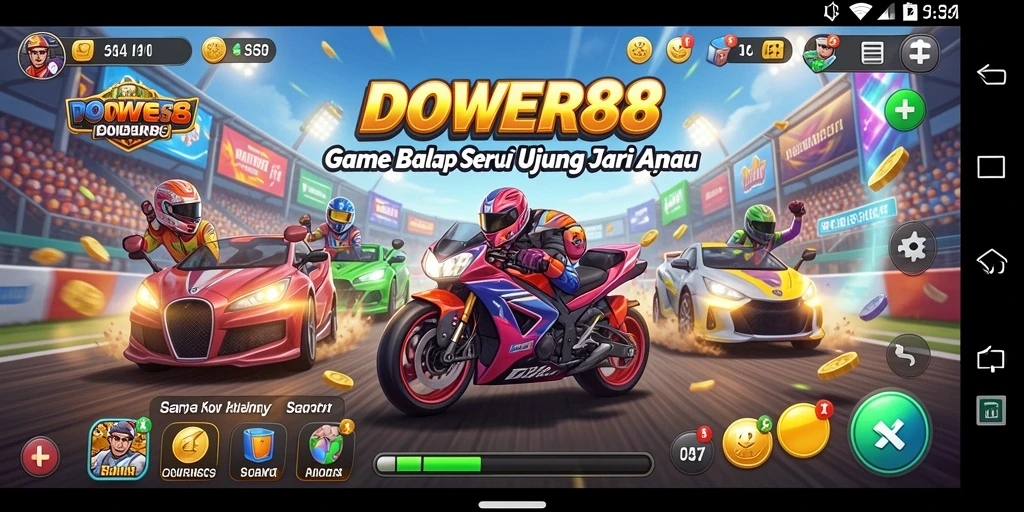 Gameplay seru DOWER88 yang menampilkan mobil balap di trek.