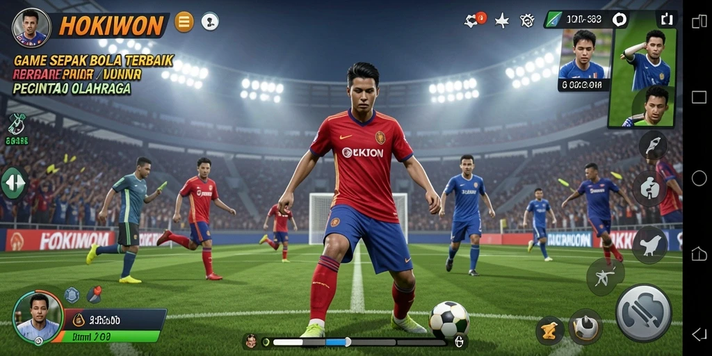 Tampilan gameplay HOKIWON dengan aksi sepak bola yang seru.