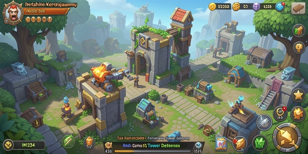 Tampilan gameplay menegangkan di IN1234 dengan strategi Tower Defense.