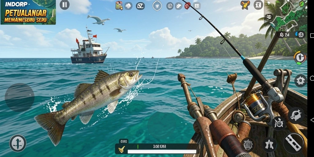 Screenshot gameplay INDORP menampilkan suasana memancing yang menarik.
