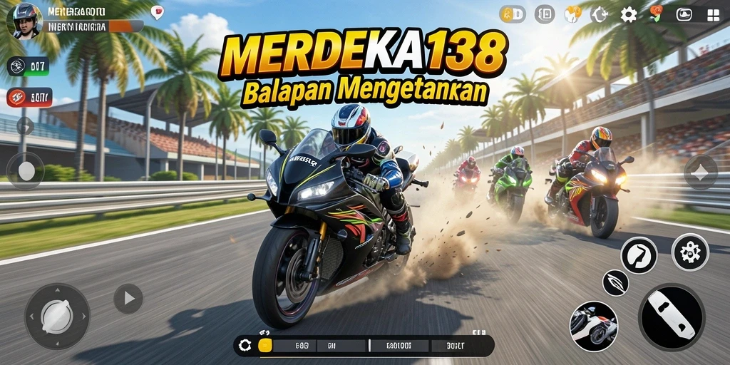 Screenshot gameplay MERDEKA138 menampilkan balapan motor seru dengan trek yang menantang.