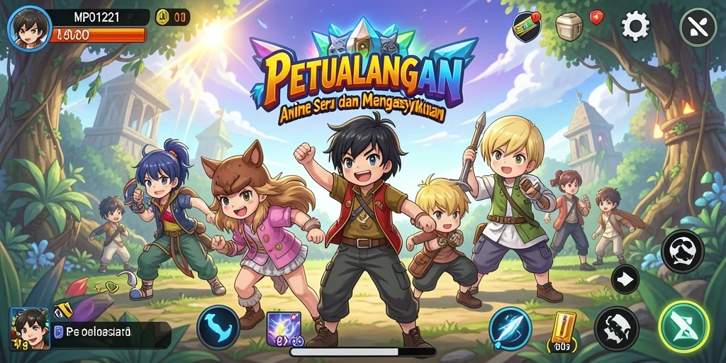 Screenshot gameplay MPO1221 menampilkan pertarungan yang seru dan karakter Anime yang berwarna.