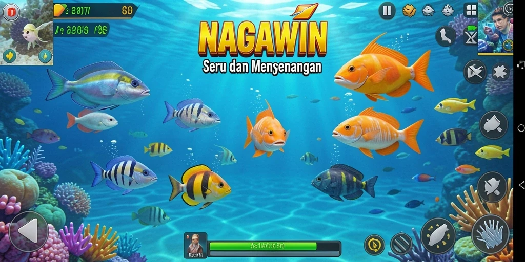 Gameplay seru NAGAWIN dengan ikan yang beragam di layar.