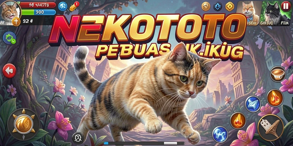 Screenshot NEKOTOTO menampilkan aksi seru karakter di dunia kucing.