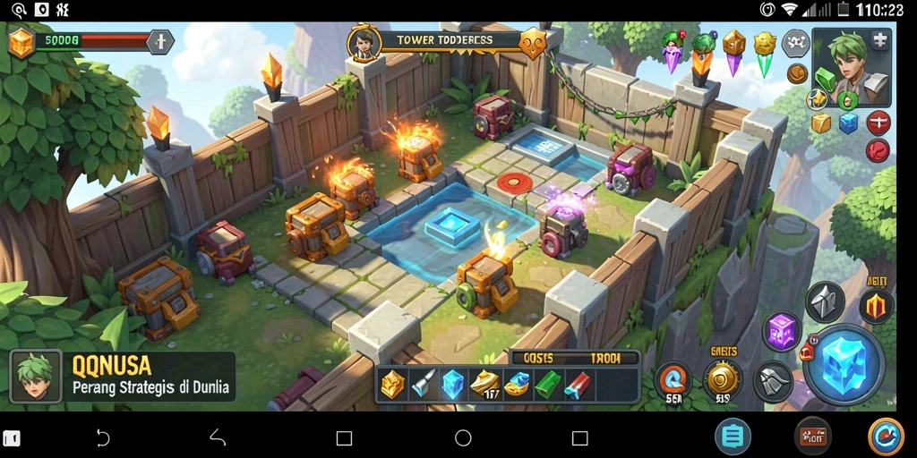 Gameplay seru QQNUSA dengan menara dan musuh yang dinamis.