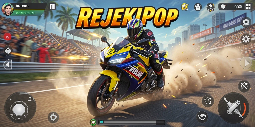 Tangkapan layar dari gameplay seru REJEKIPOP yang menampilkan balapan motor.