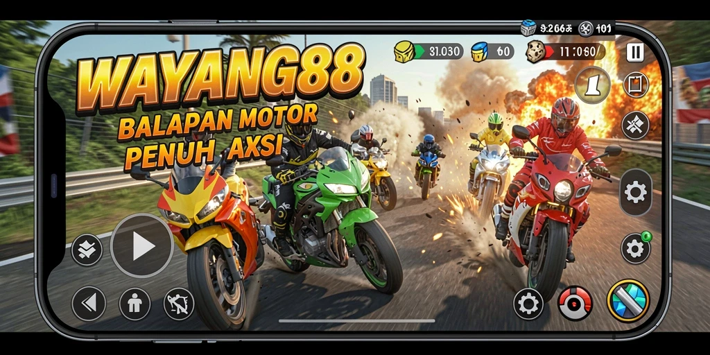 Screenshot gameplay WAYANG88 menampilkan kecepatan balapan motor yang mengesankan.